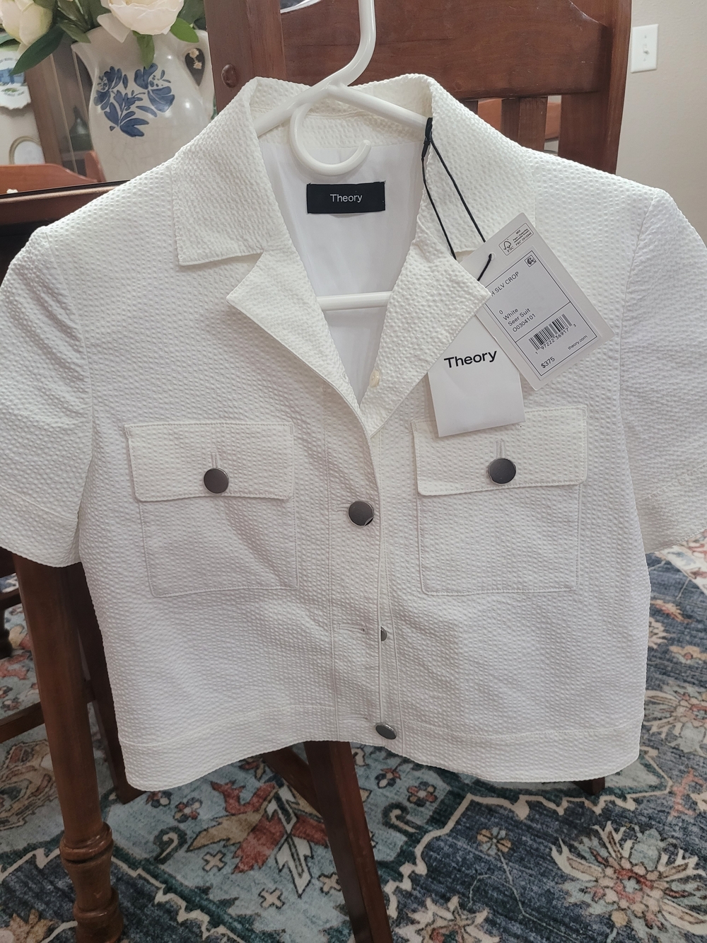 Theory White Textured Short Blazer with Pocket Flaps